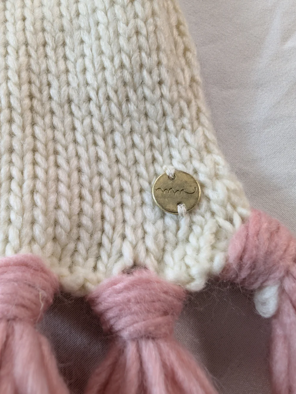 Kids Cream Knit Scarf with Pink and Mustard Tassels